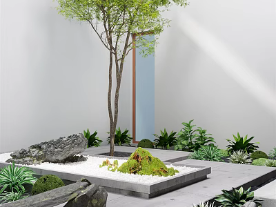 Innovative Garden Miniature Design Featuring Tree White Pebbles Moss Rock And Green Plants 3d model