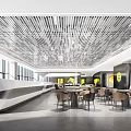 Modern Exhibition Hall Interior With Perforated Ceiling Seating Area Large Windows And Brand Logos