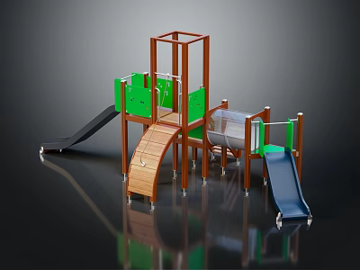 Colorful Outdoor Playground Equipment With Wooden Frames Green Blue Slides And Multi Level Climbing Platforms 3d model