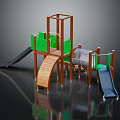 Colorful Outdoor Playground Equipment With Wooden Frames Green Blue Slides And Multi Level Climbing Platforms