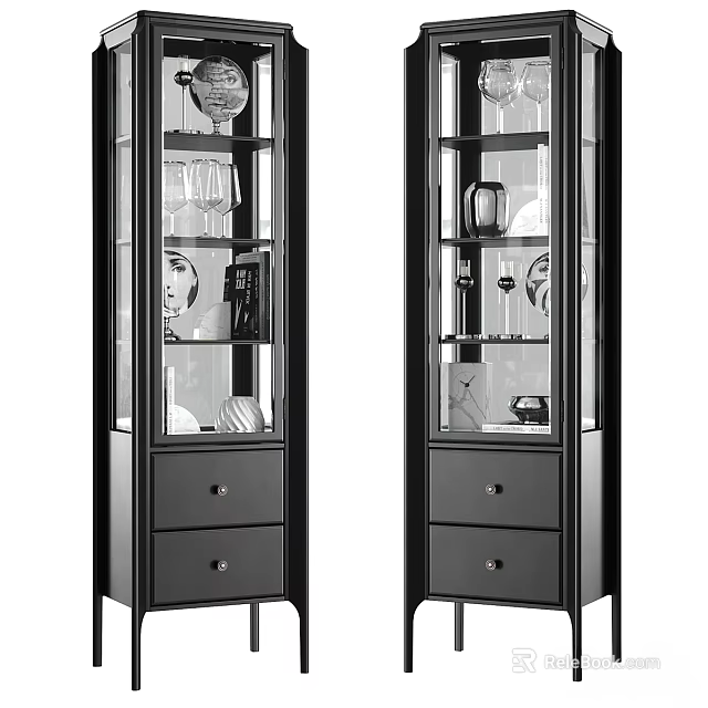 Black Glass Door Cabinet With Drawers And Metal Legs For Decorative 3d model 