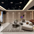 Luxurious Home Theater Room With Starry Ceiling Brown Recliner Sofas White Armchairs And Projection Screen