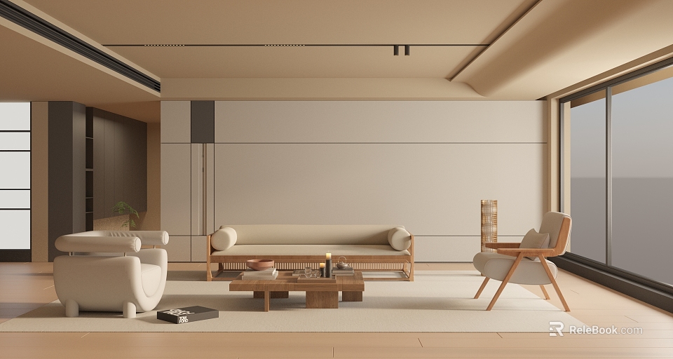 Modern Living Room Interior With Beige Sofa Wooden Coffee Table Armchair And Neutral Wall Design 3d model 