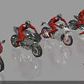 Multiple Racing Motorcycles With Riders In Red Suits On Reflective Display Floor 3d model