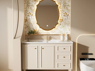 White Bathroom Vanity with Cabinet Doors Drawers Gold Faucet and Oval Gold Framed Mirror 3d model