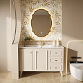 White Bathroom Vanity with Cabinet Doors Drawers Gold Faucet and Oval Gold Framed Mirror