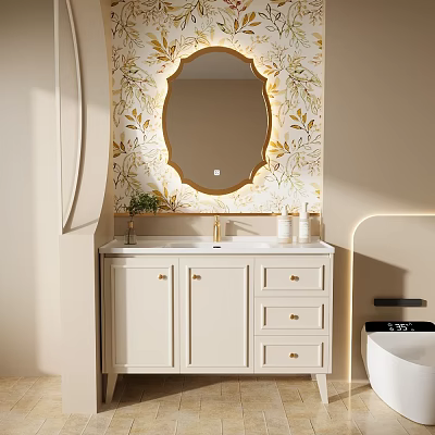 White Bathroom Vanity with Cabinet Doors Drawers Gold Faucet and Oval Gold Framed Mirror 3d model