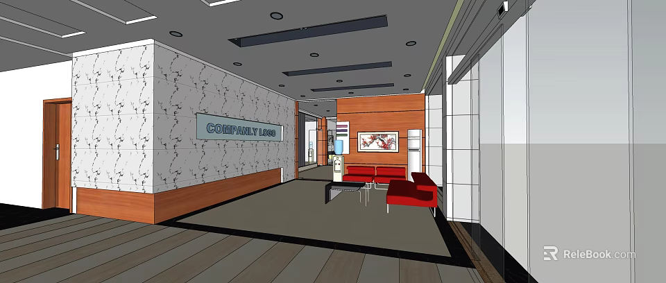 Modern Continental Lodge Lounge Area With Red Sofas Marble Patterned Wall And Tables 3d model