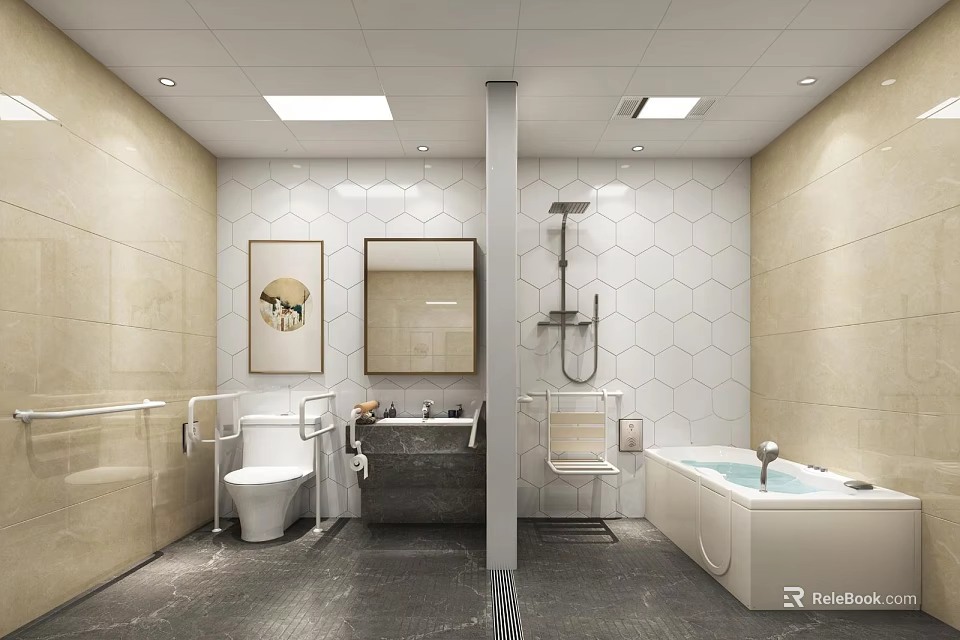 Modern Accessible Public Restroom Interior With Toilet Sink Mirror And Handrails 3d model 