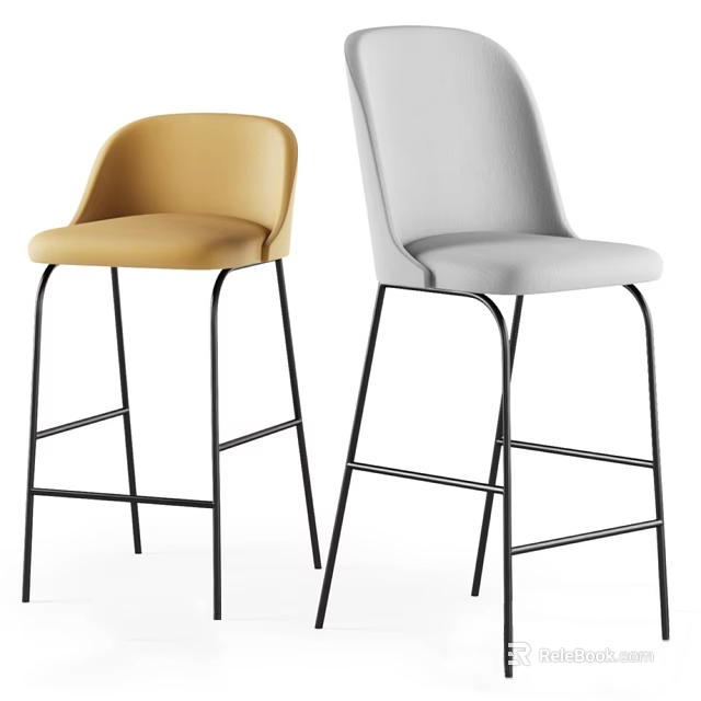 Modern Minimalist Bar Stools With Yellow And Gray Upholstery And Black Metal Legs 3d model 
