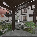 Traditional Chinese Garden Landscape With Pavilion Rock Formations Stone Paving And Sunset Lighting