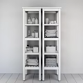 Organized Bathroom Accessories On White Shelves With Towels Wooden Boxes And Baskets
