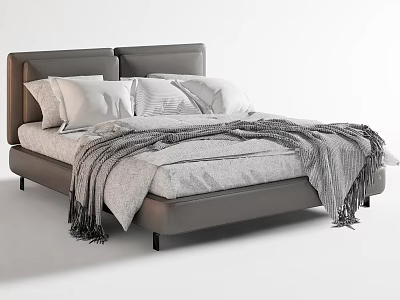 Cozy Modern Double Bed With Grey Upholstered Headboard White Pillows And Grey Blanket 3d model