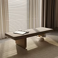 Minimalist Room Interior With Long Table Window Blinds And Natural Light Rug