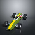 Green Yellow Striped Open Wheel Race Car with White Accents and Sleek Design