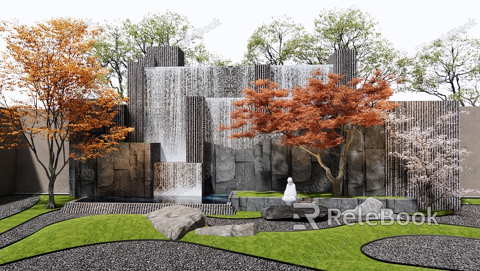 Japanese-style rockery waterscape waterscape waterfall landscape rockery stone landscape tree red maple stone model