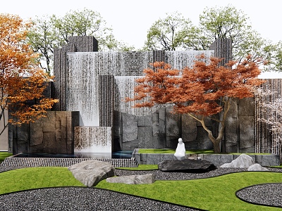 Japanese-style rockery waterscape waterfall landscape rockery stone landscape tree red maple stone model