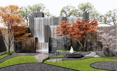 Japanese-style rockery waterscape waterfall landscape rockery stone landscape tree red maple stone 3d model