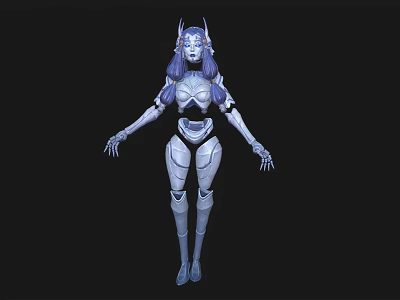 Futuristic Sci Fi Female Game Character With Mechanical Armor Purple Hair And Horns Design 3d model