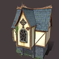 Fantasy Medieval House With Blue Tile Roof Wooden Structure And Stone Base