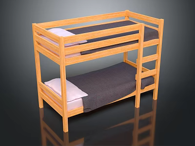 Light Wood Bunk Bed with Safety Guardrails Ladder and Gray Mattresses 3d model