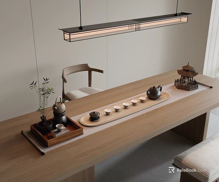 Japanese Minimalist Tea Table and Chairs with Traditional Tea Set and Small Pagoda Decor 3d model 