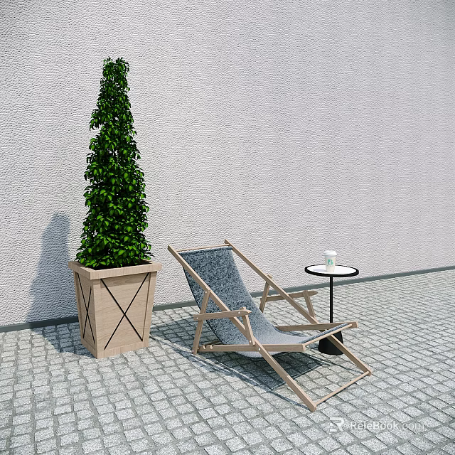 Wooden Reclining Lounge Chair With Small Round Table Cup Potted Plant On Brick Pavement 3d model 