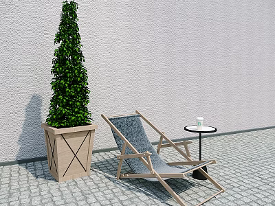Wooden Reclining Lounge Chair With Small Round Table Cup Potted Plant On Brick Pavement 3d model