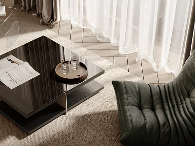 Modern Black Coffee Table with Magazine Tray Green Leather Sofa and White Curtains 3d model