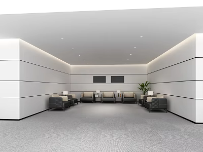Modern Lounge Area With White Walls Gray Flooring Gray Sofas Wall Artworks And Potted Plant 3d model