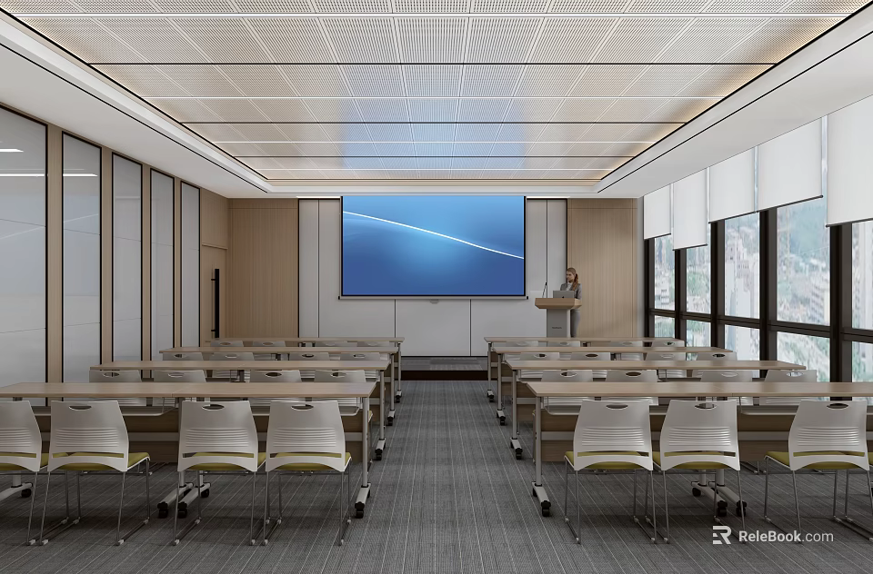 Modern Conference Room Interior With Large Projection Screen Neatly Arranged Tables Chairs And Windows 3d model 