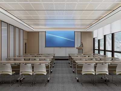 Modern Conference Room Interior With Large Projection Screen Neatly Arranged Tables Chairs And Windows 3d model
