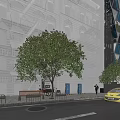 Vibrant Urban Commercial Street Featuring Bus Stop Shelter Billboard Pedestrian And Bicycle Parking