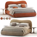 Modern Double Bed With Curved Upholstered Headboard Multiple Color Options Pillows Quilted Bedspread Side Tables