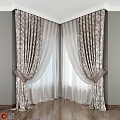 Elegant Brown And White Floral Curtain With Sheer Inner Layer Tiebacks Gray Walls Wooden Floor