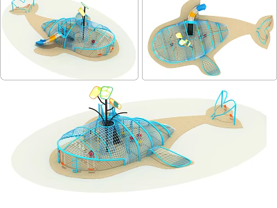 Whale Shaped Kids Playground Equipment With Net Climbing Structure And Sand Area 3d model