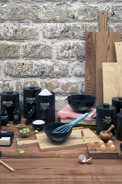 Modern Kitchenware Collection With Wooden Cutting Boards Storage Jars Mixing Bowls And Brick Background 3d model