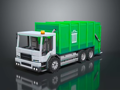 Green Garbage Truck With White Cab Reflective Surface Yellow Warning Light And Trash Bin Symbol 3d model