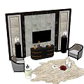Elegant TV Wall Design With Marble Panels Armchairs And Decorative Console Table 3d model