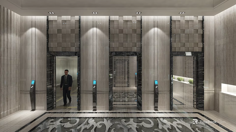 Luxurious Modern Elevator Lobby Interior With Marble Walls Glass Doors And Recessed Lighting 3d model 