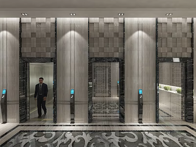Luxurious Modern Elevator Lobby Interior With Marble Walls Glass Doors And Recessed Lighting 3d model