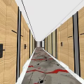 Elevator Hallway With Wooden Walls Red Patterned Carpet And Elevator Doors 3d model