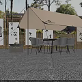 Cozy Camping Site With Beige Tent Table Chairs Fire Pit Bamboo Fence And Chinese Calligraphy Banners