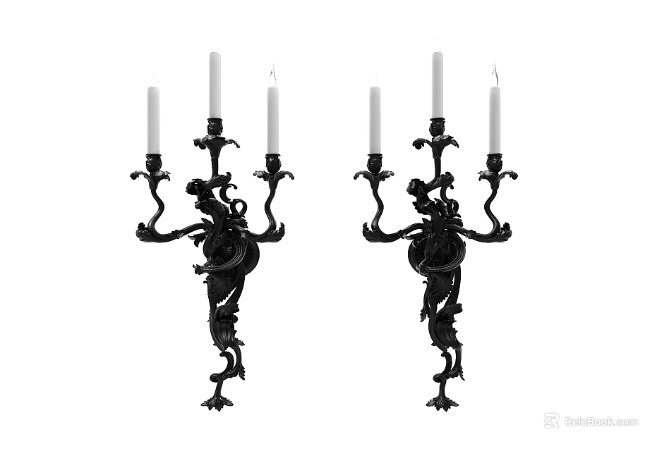 Pair of Black Dragon Shaped Wall Sconces with Three Candle Shaped Lights 3d model 