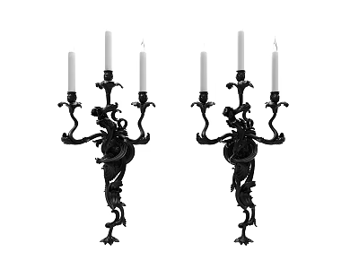 Pair of Black Dragon Shaped Wall Sconces with Three Candle Shaped Lights 3d model