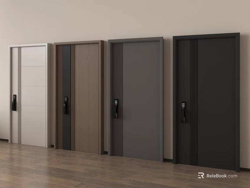 Modern Design Security Doors In Various Colors Against Light Wall With Wooden Floor 3d model 