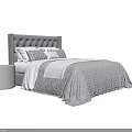 Gray Double Bed with Tufted Headboard Quilted Bedspread Striped Pillows and Matching Nightstand
