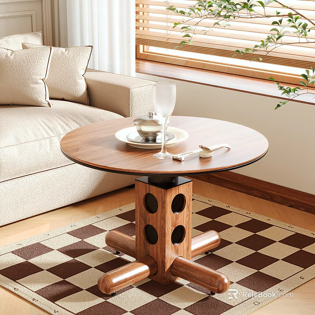 Modern Living Room Interior With Round Wooden Coffee Table Glass Cup Plate And Checkered Rug 3d model 