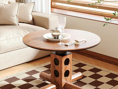 Modern Living Room Interior With Round Wooden Coffee Table Glass Cup Plate And Checkered Rug 3d model