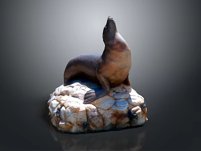 Artistic Sea Lion Sculpture Sitting On Natural Stone Base Decoration 3d model
